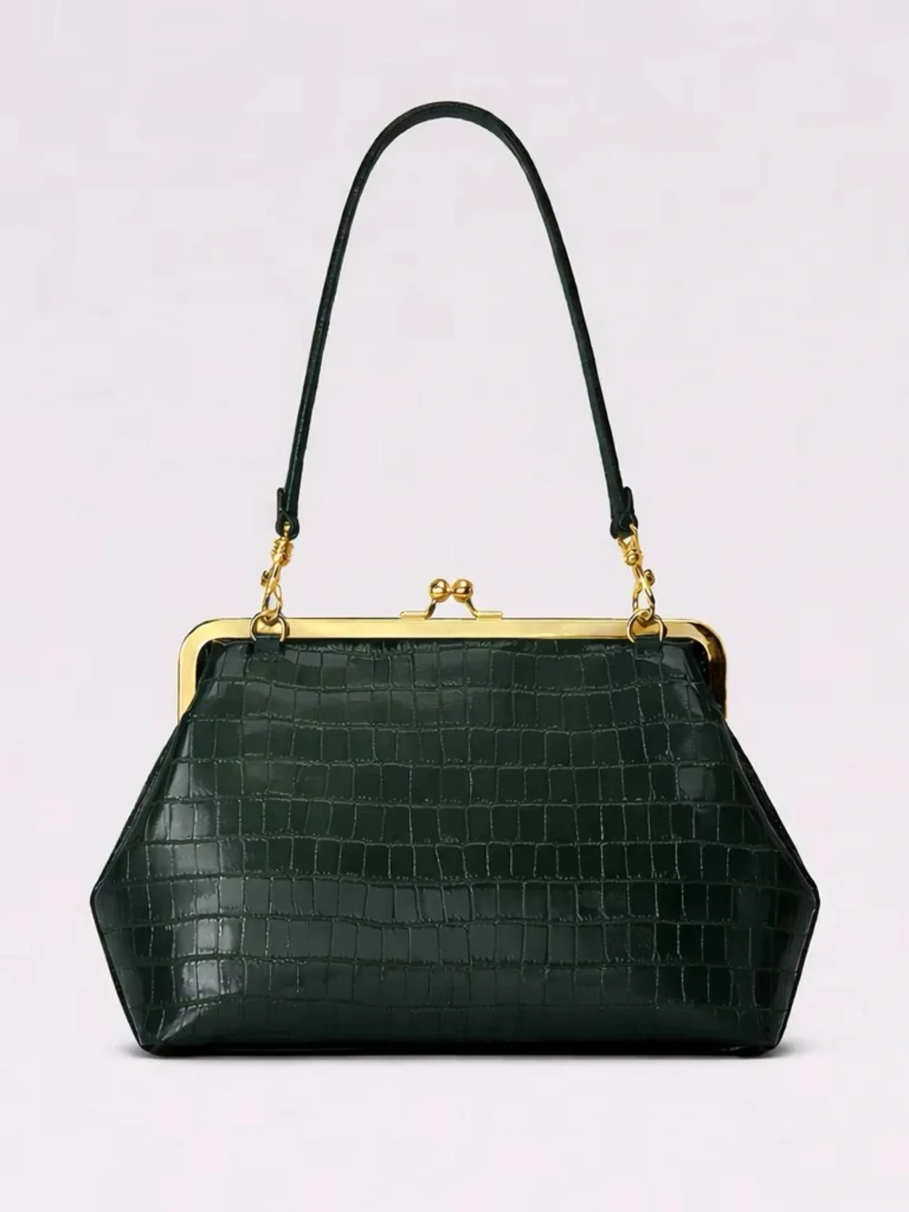 Structured Dark Green Croc-Embossed Frame Handbag with Gold kiss lock.